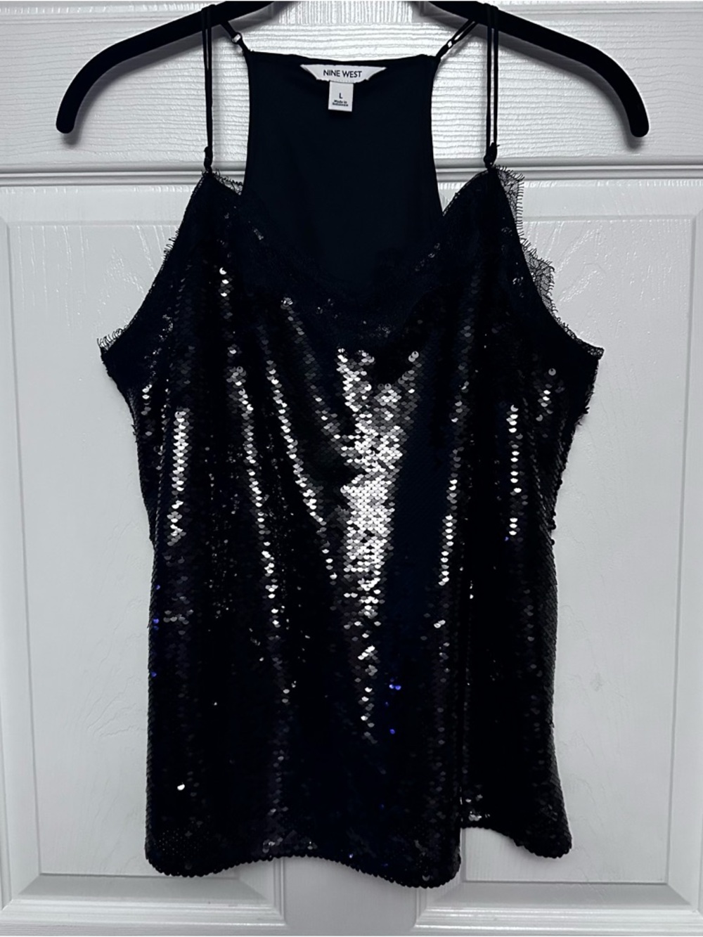 Nine West Black Sequin V-Neck Tank Top with Eyelash Lace Trim Women's Size Large